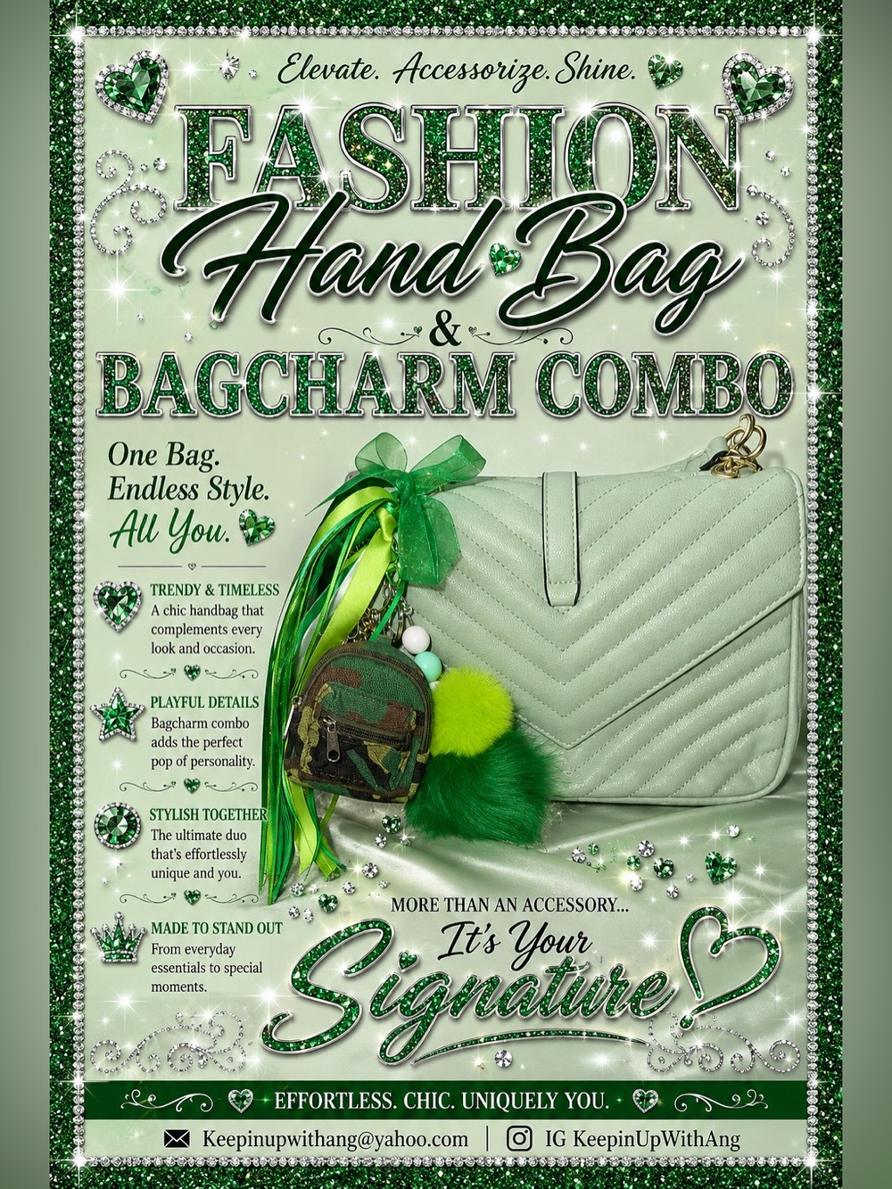 Quilted Shoulder Bag with Green Bag Charm - Fashion Hand Bag